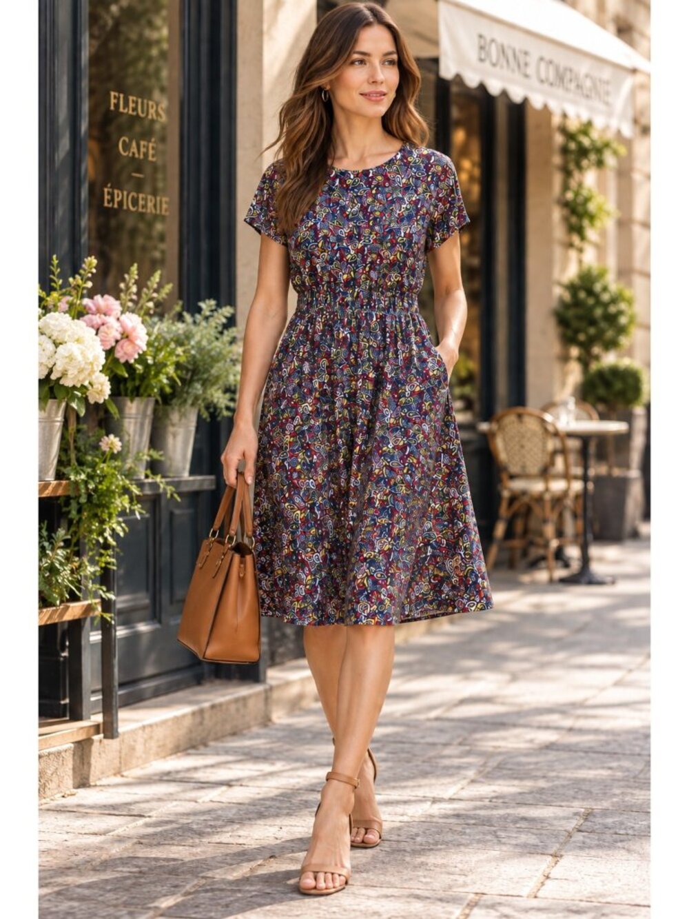 Boden Flutter Sleeve Jersey Dress 6 Navy Multicolor Paisley D0113 Pockets